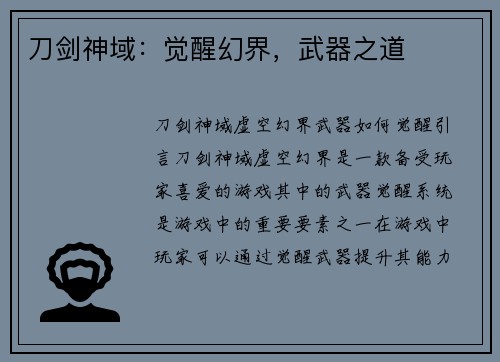 刀剑神域:觉醒幻界,武器之道